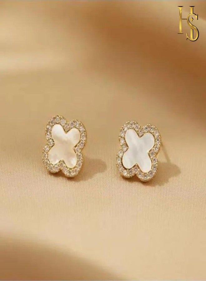 HighSpark Clover Earrings for Women | Hypoallergenic Studded Clover Stud Earrings | Lovely Gift - Studded White - Image 4